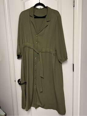 Olive Green Button-Front Midi Dress with Tie Waist